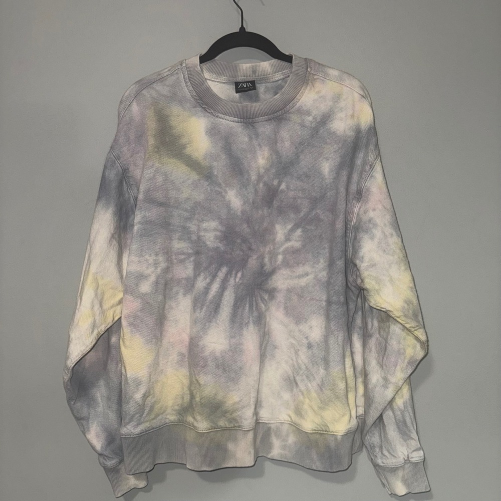 Zara‎ Womens Tie Dye Sweatshirt Grey Yellow Pastel Crew Neck Pullover Small